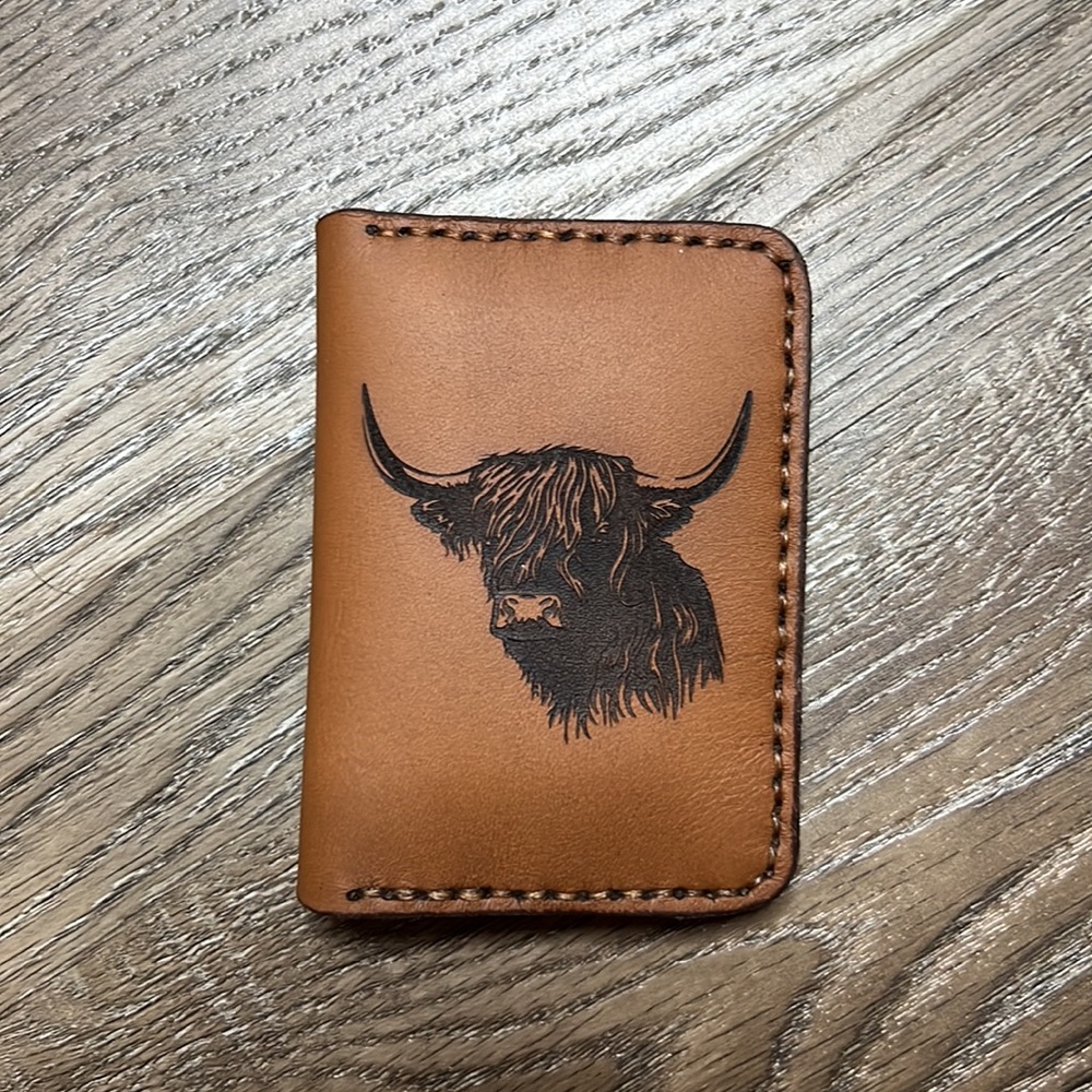Hand Crafted Hand Made Brown Leather Wallet with Laser Highland Cow Design
